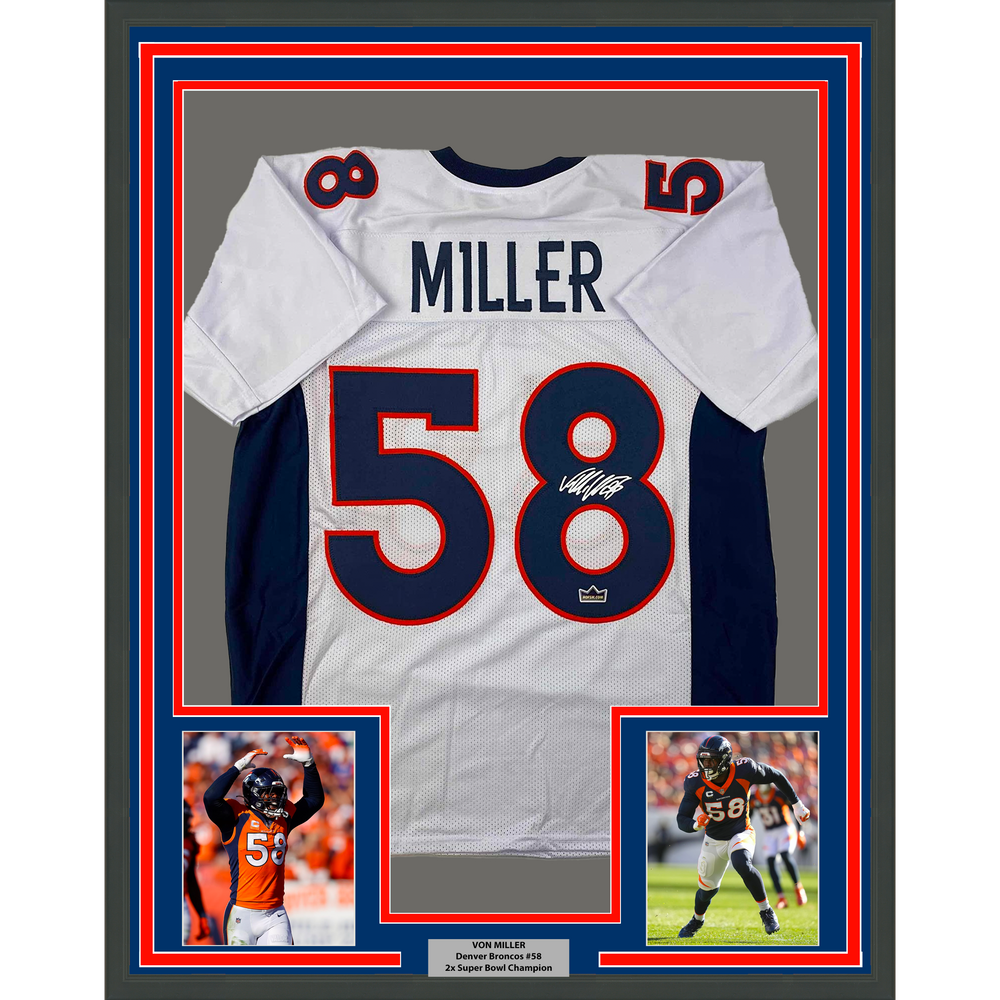 Framed Facsimile Autographed Von Miller 35x39 Denver White Reprint Laser Auto Football Jersey (ONLINE ORDER ONLY)