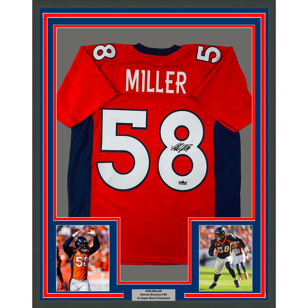 Framed Facsimile Autographed Von Miller 35x39 Denver Orange Reprint Laser Auto Football Jersey (ONLINE ORDER ONLY)