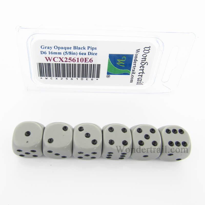 WCX25610E6 Grey Opaque Dice Black Pips D6 16mm Pack of 6 (ONLINE ORDER ONLY)