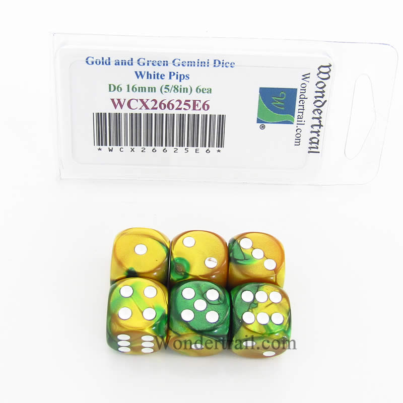 WCX26625E6 Gold Green Gemini Dice White Pips D6 16mm Pack of 6 (ONLINE ORDER ONLY)