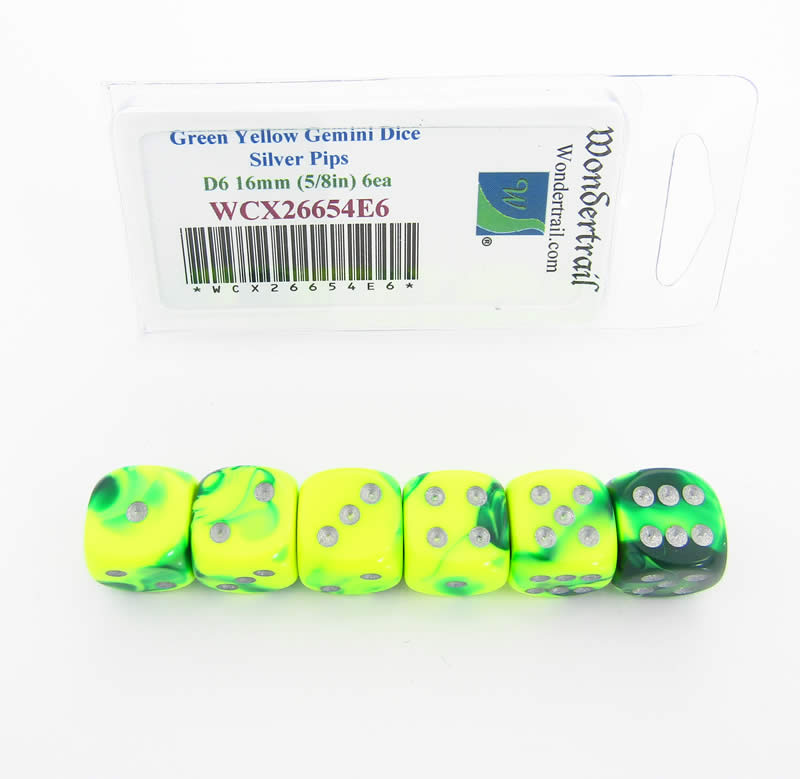 WCX26654E6 Green Yellow Gemini Dice Silver Pips D6 16mm Pack of 6 (ONLINE ORDER ONLY)