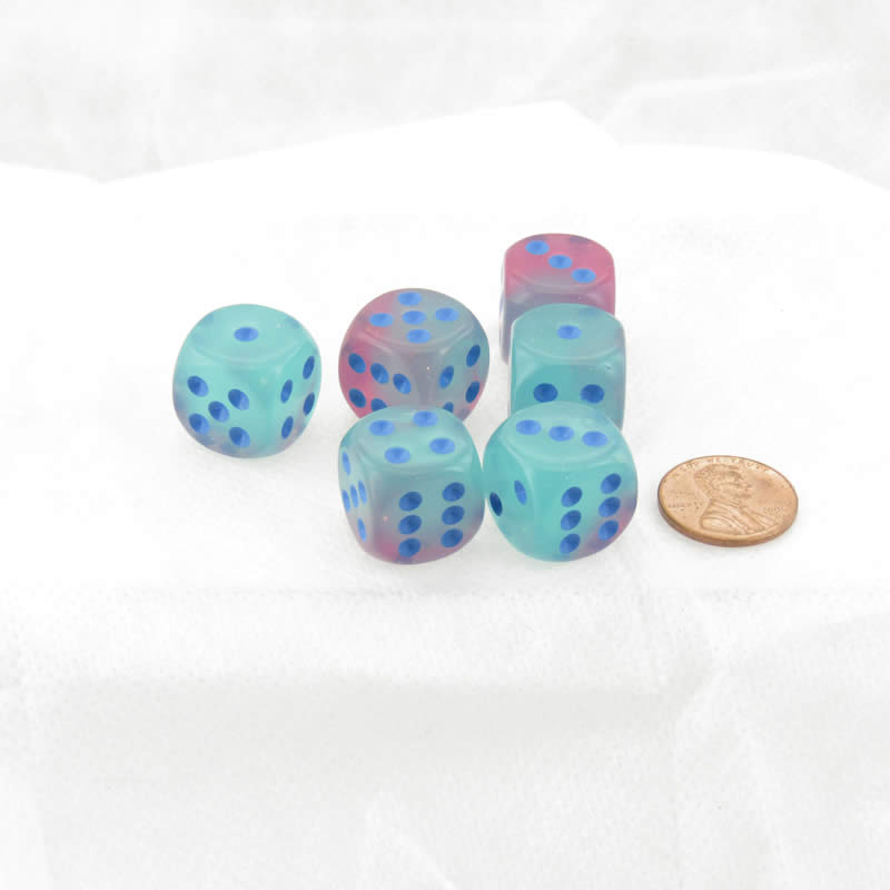 WCX26664E6 Gel Green and Pink Gemini Luminary Dice Blue Pips D6 16mm (5/8in) Pack of 6 (ONLINE ORDER ONLY)