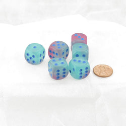 WCX26664E6 Gel Green and Pink Gemini Luminary Dice Blue Pips D6 16mm (5/8in) Pack of 6 (ONLINE ORDER ONLY)