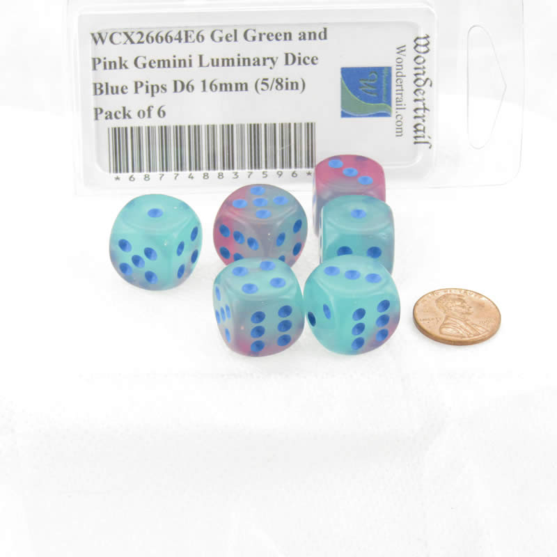 WCX26664E6 Gel Green and Pink Gemini Luminary Dice Blue Pips D6 16mm (5/8in) Pack of 6 (ONLINE ORDER ONLY)