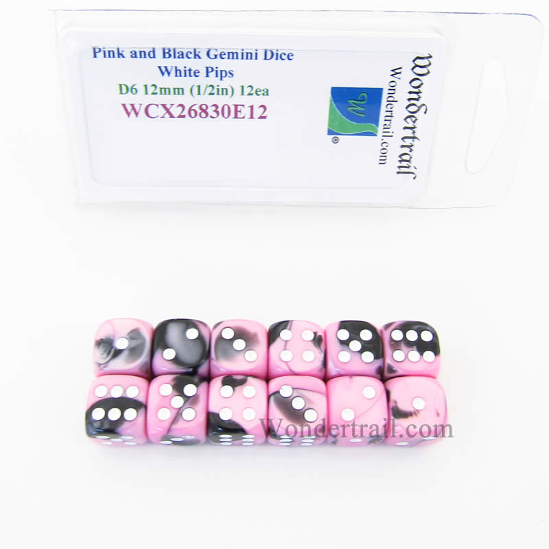 WCX26830E12 Pink Black Gemini Dice White Pips D6 12mm Pack of 12 (ONLINE ORDER ONLY)
