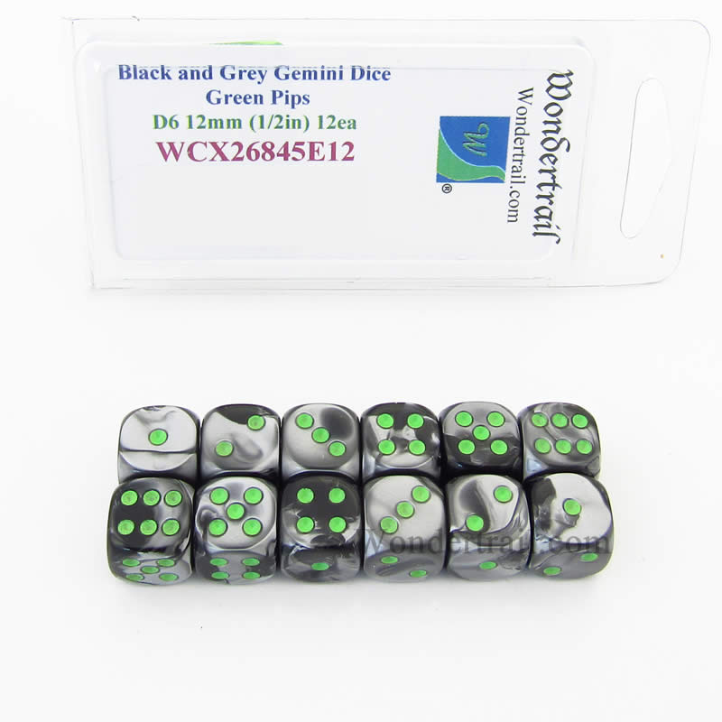 WCX26845E12 Black Grey Gemini Dice Green Pips D6 12mm Pack of 12 (ONLINE ORDER ONLY)