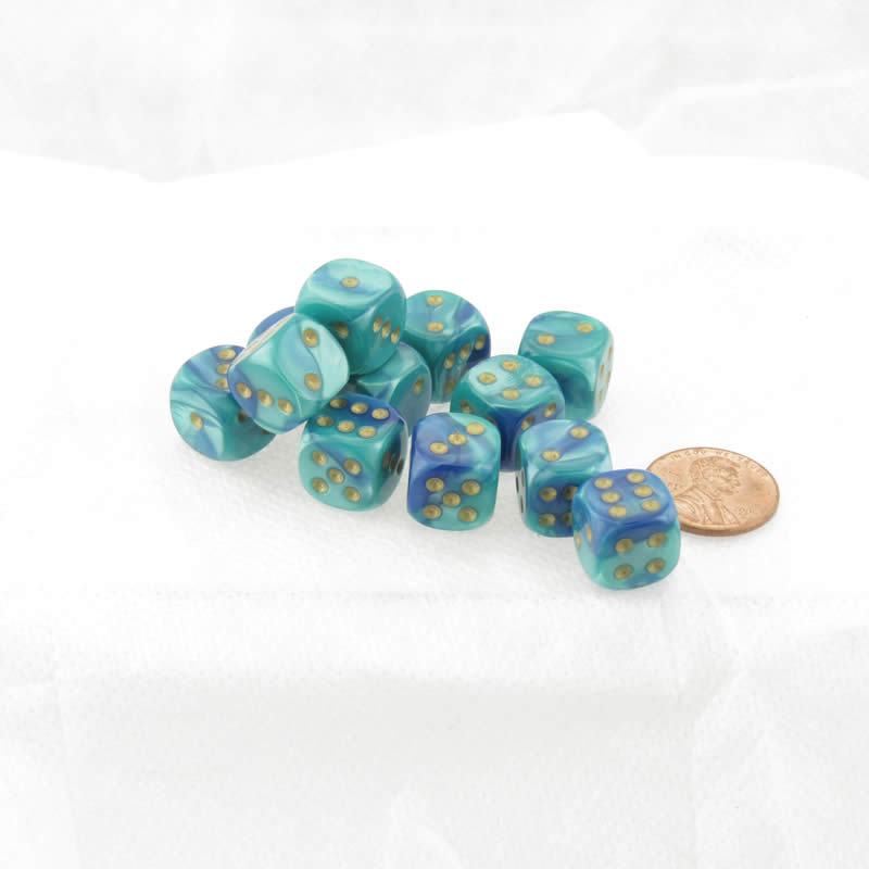 WCX26859E12 Blue Teal Gemini Dice Gold Pips 12mm D6 Set of 12 (ONLINE ORDER ONLY)