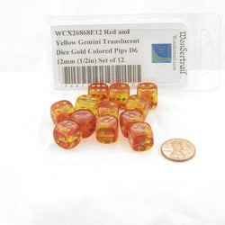 WCX26868E12 Red and Yellow Gemini Translucent Dice Gold Colored Pips D6 12mm (1/2in) Set of 12 (ONLINE ORDER ONLY)