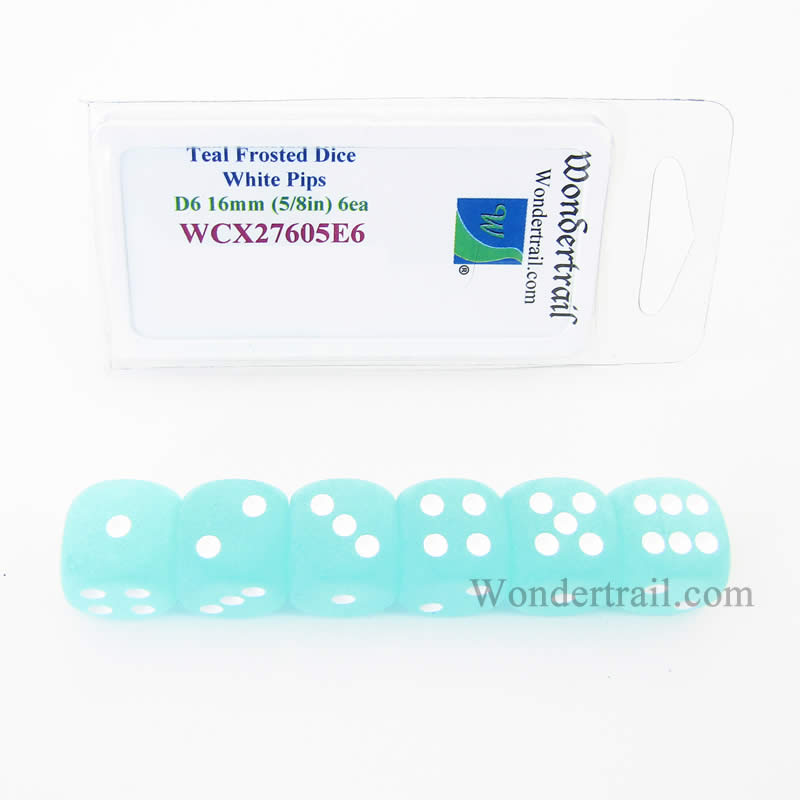 WCX27605E6 Teal Frosted Dice White Pips 16mm (5/8in) D6 Set of 6 (ONLINE ORDER ONLY)