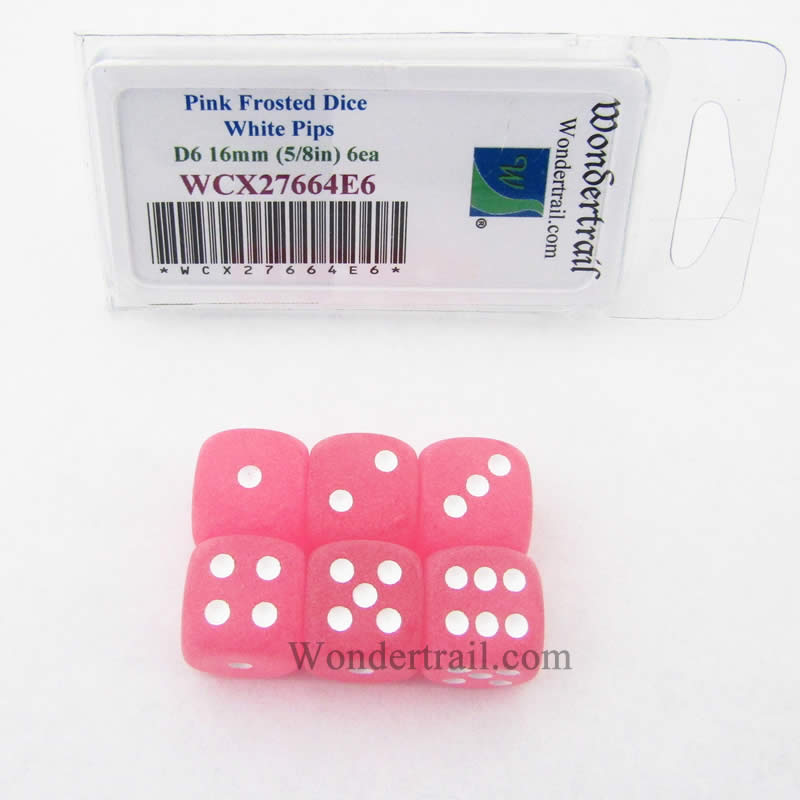 WCX27664E6 Pink Frosted Dice White Pips 16mm (5/8in) D6 Set of 6 (ONLINE ORDER ONLY)