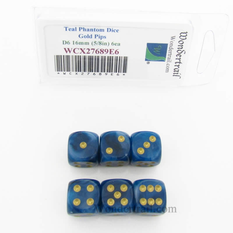 WCX27689E6 Teal Phantom Dice Gold Pips 16mm (5/8in) D6 Set of 6 (ONLINE ORDER ONLY)