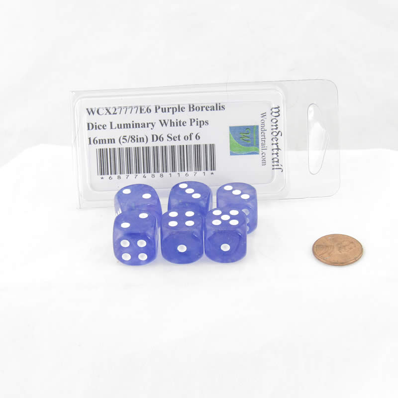 WCX27777E6 Purple Borealis Dice Luminary White Pips 16mm (5/8in) D6 Set of 6 (ONLINE ORDER ONLY)