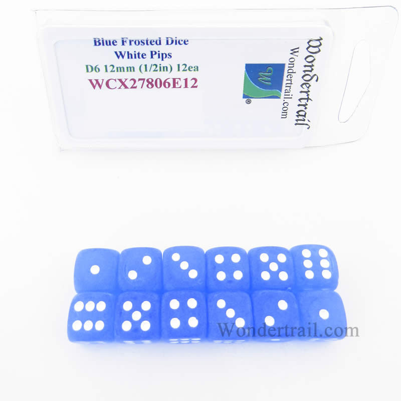 WCX27806E12 Blue Frosted Dice with White Pips 12mm (1/2in) D6 Set of 12 (ONLINE ORDER ONLY)