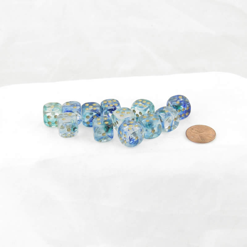 WCX27956E12 Oceanic Nebula Luminary Dice Gold Pips 12mm (1/2in) D6 Set of 12 (ONLINE ORDER ONLY)