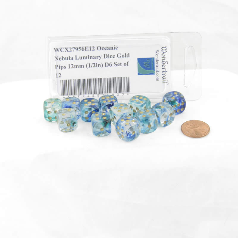 WCX27956E12 Oceanic Nebula Luminary Dice Gold Pips 12mm (1/2in) D6 Set of 12 (ONLINE ORDER ONLY)