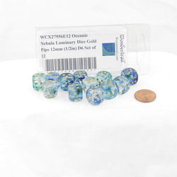 WCX27956E12 Oceanic Nebula Luminary Dice Gold Pips 12mm (1/2in) D6 Set of 12 (ONLINE ORDER ONLY)