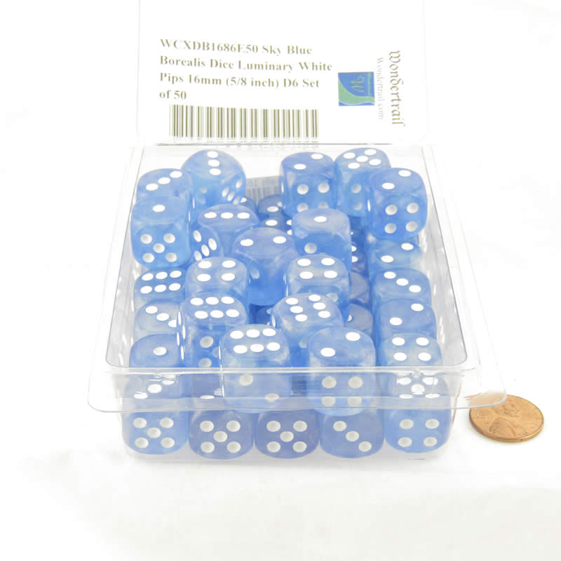 WCXDB1686E50 Sky Blue Borealis Dice Luminary White Pips 16mm (5/8 inch) D6 Set of 50 (ONLINE ORDER ONLY)