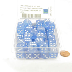 WCXDB1686E50 Sky Blue Borealis Dice Luminary White Pips 16mm (5/8 inch) D6 Set of 50 (ONLINE ORDER ONLY)