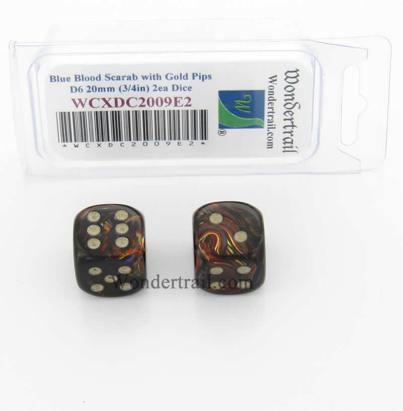 WCXDC2009E2 Blue Blood Scarab Dice Gold Pips 20mm D6 Pack of 2 (ONLINE ORDER ONLY)
