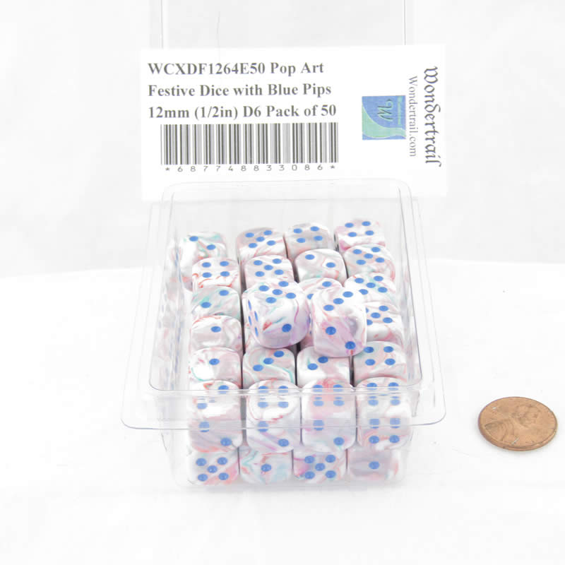WCXDF1264E50 Pop Art Festive Dice with Blue Pips 12mm (1/2in) D6 Pack of 50 (ONLINE ORDER ONLY)