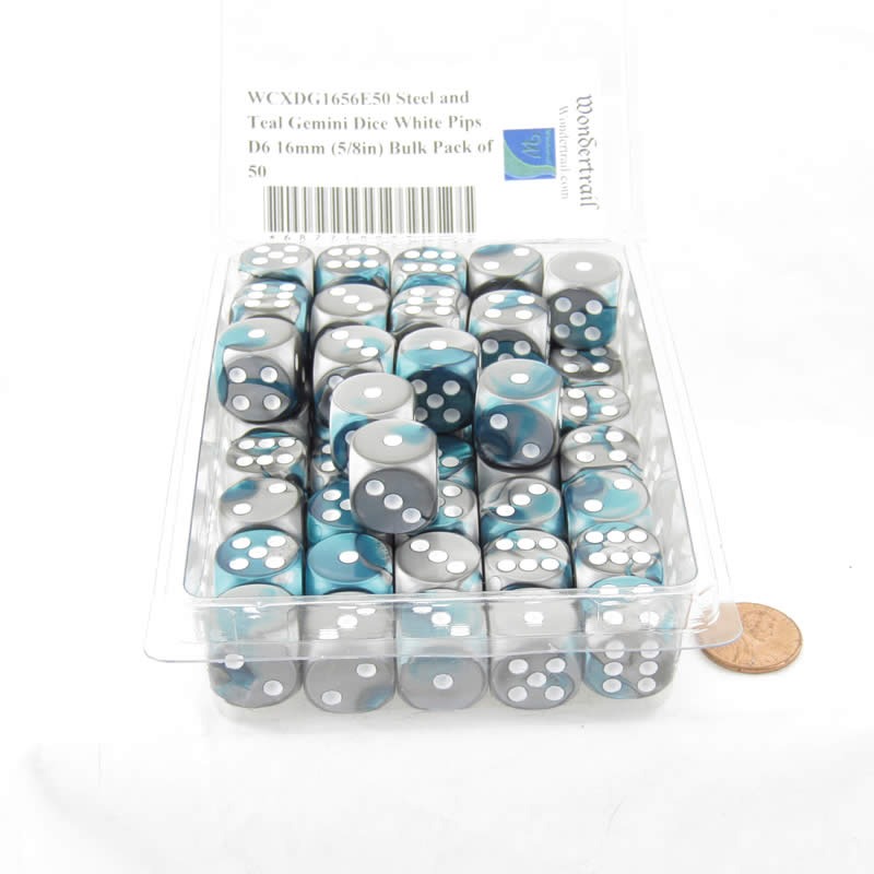 WCXDG1656E50 Steel and Teal Gemini Dice White Pips D6 16mm (5/8in) Bulk Pack of 50 (ONLINE ORDER ONLY)