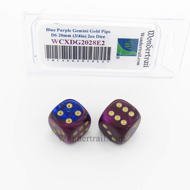 WCXDG2028E2 Blue Purple Gemini Dice Gold Pips 20mm D6 Pack of 2 (ONLINE ORDER ONLY)