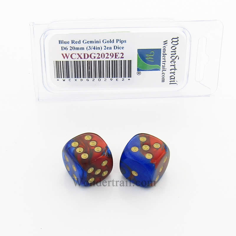WCXDG2029E2 Blue Red Gemini Dice Gold Pips 20mm D6 Pack of 2 (ONLINE ORDER ONLY)