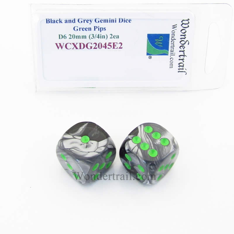 WCXDG2045E2 Black Grey Gemini Dice Green Pips 20mm D6 Pack of 2 (ONLINE ORDER ONLY)