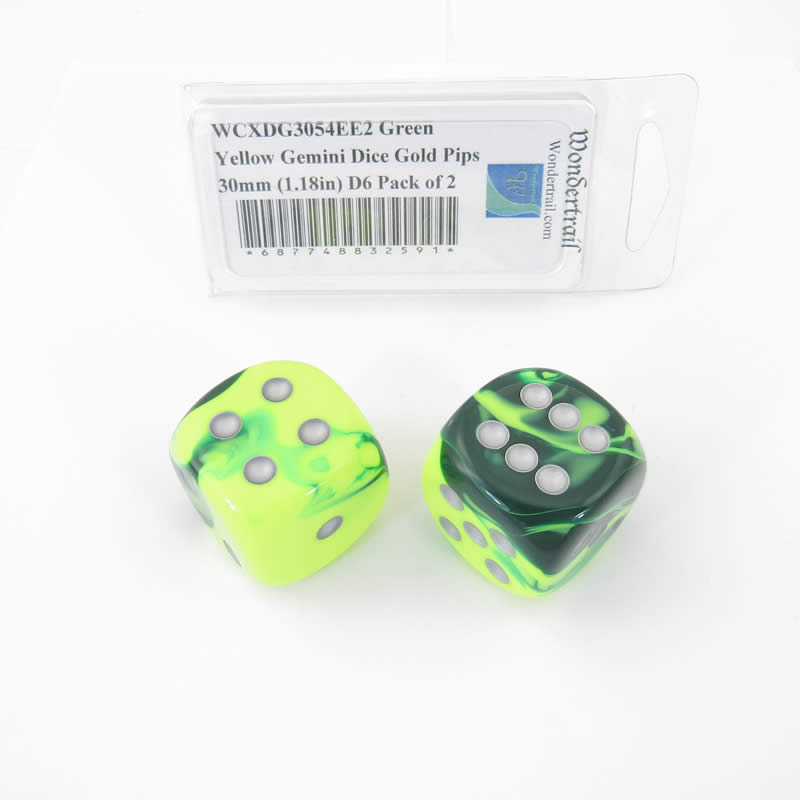 WCXDG3054EE2 Green Yellow Gemini Dice Gold Pips 30mm (1.18in) D6 Pack of 2 (ONLINE ORDER ONLY)