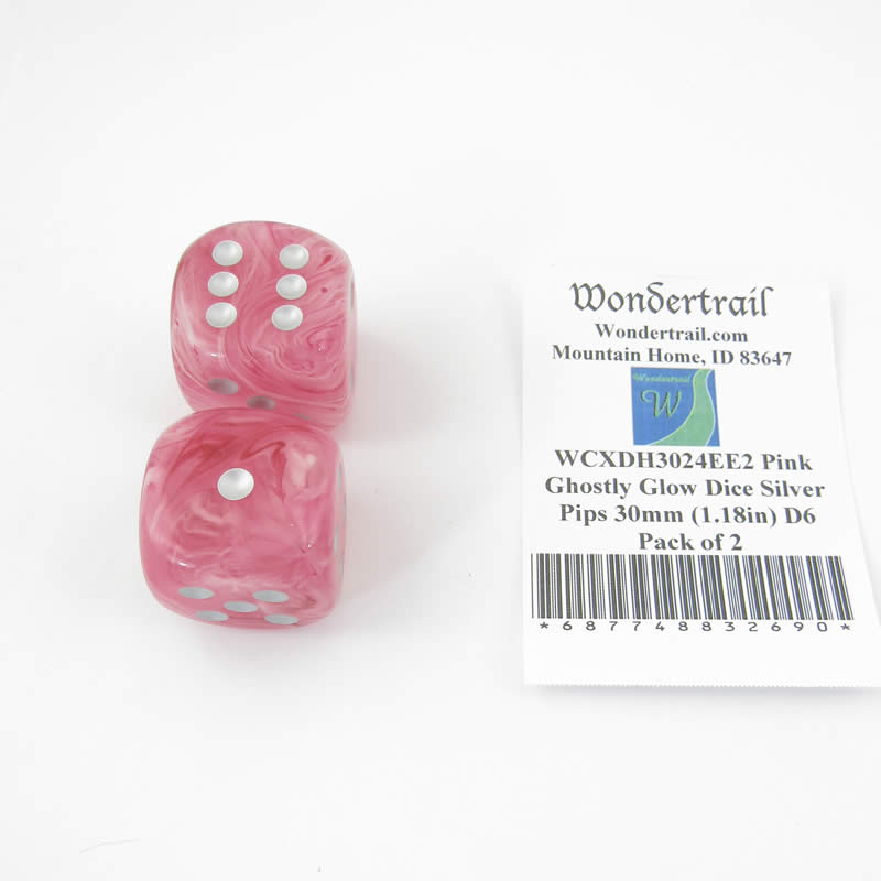 WCXDH3024EE2 Pink Ghostly Glow Dice Silver Pips 30mm (1.18in) D6 Pack of 2 (ONLINE ORDER ONLY)