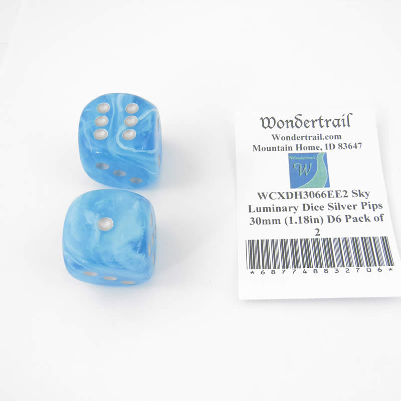 WCXDH3066EE2 Sky Luminary Dice Silver Pips 30mm (1.18in) D6 Pack of 2 (ONLINE ORDER ONLY)