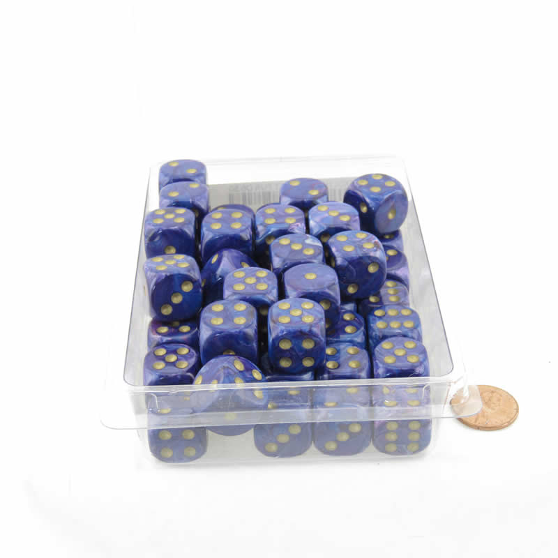 WCXDL1697E50 Purple Lustrous Dice with Gold Pips D6 16mm (5/8in) Bulk Pack of 50 (ONLINE ORDER ONLY)