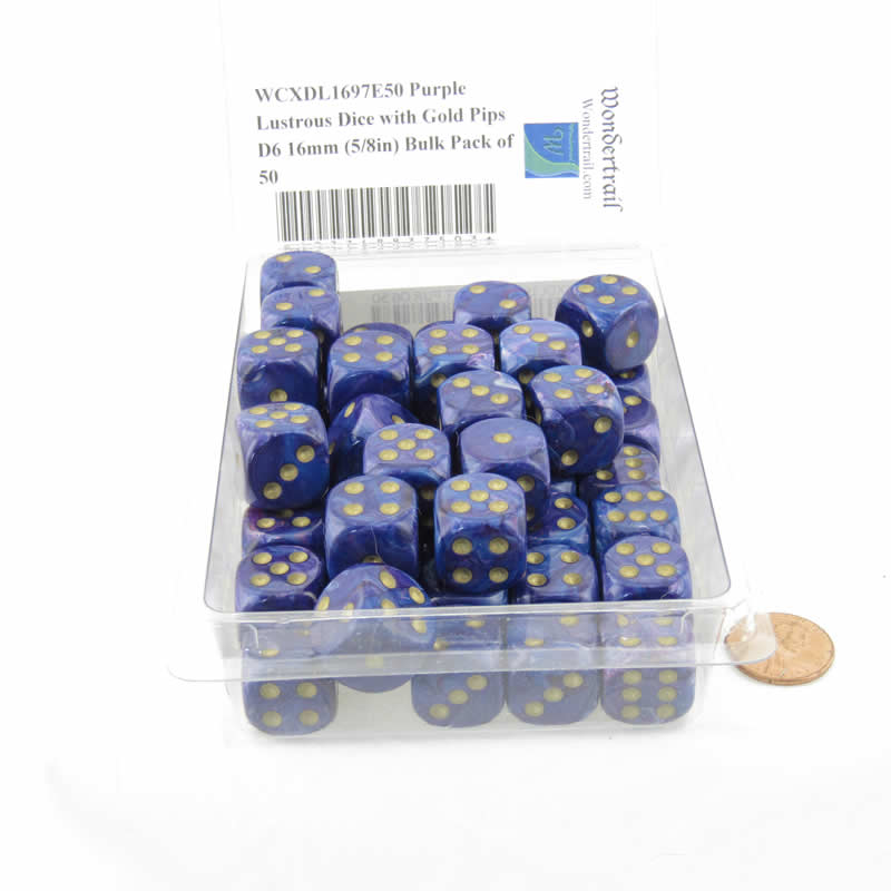 WCXDL1697E50 Purple Lustrous Dice with Gold Pips D6 16mm (5/8in) Bulk Pack of 50 (ONLINE ORDER ONLY)