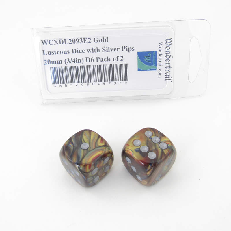 WCXDL2093E2 Gold Lustrous Dice with Silver Pips 20mm (3/4in) D6 Pack of 2 (ONLINE ORDER ONLY)