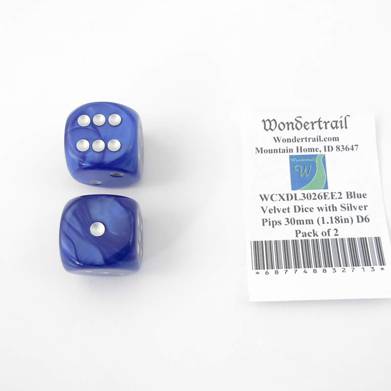 WCXDL3026EE2 Blue Velvet Dice with Silver Pips 30mm (1.18in) D6 Pack of 2 (ONLINE ORDER ONLY)