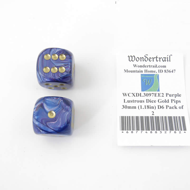 WCXDL3097EE2 Purple Lustrous Dice Gold Pips 30mm (1.18in) D6 Pack of 2 (ONLINE ORDER ONLY)