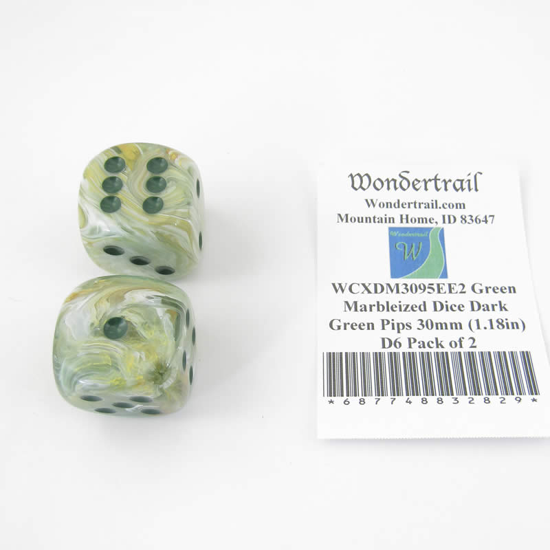 WCXDM3095EE2 Green Marbleized Dice Dark Green Pips 30mm (1.18in) D6 Pack of 2 (ONLINE ORDER ONLY)