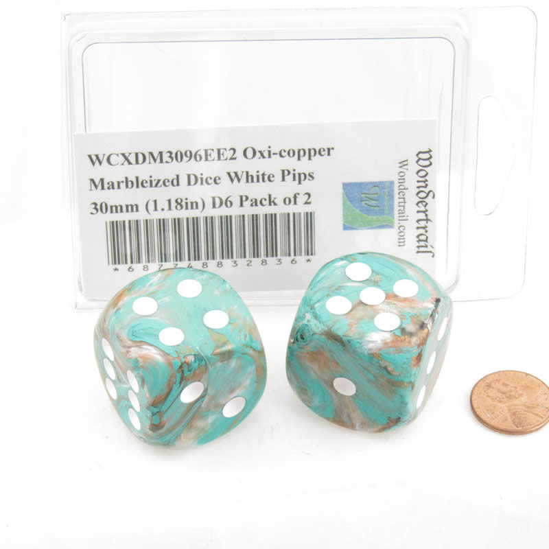 WCXDM3096EE2 Oxi-copper Marbleized Dice White Pips 30mm (1.18in) D6 Pack of 2 (ONLINE ORDER ONLY)