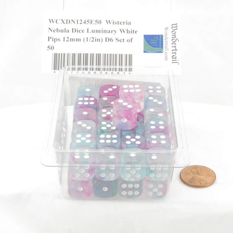 WCXDN1245E50 Wisteria Nebula Dice Luminary with White Pips 12mm (1/2in) D6 Set of 50 (ONLINE ORDER ONLY)