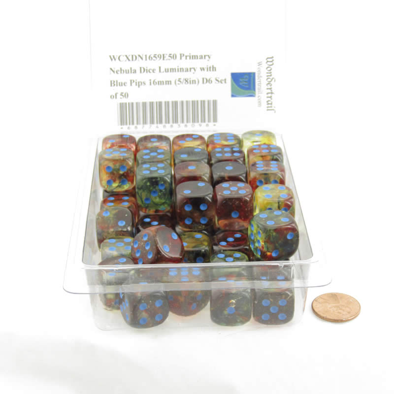 WCXDN1659E50 Primary Nebula Dice Luminary with Blue Pips 16mm (5/8in) D6 Set of 50 (ONLINE ORDER ONLY)
