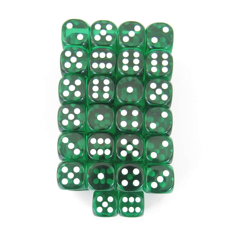 WCXDT1605E50 Green Translucent Dice White Pips D6 16mm Pack of 50 (ONLINE ORDER ONLY)
