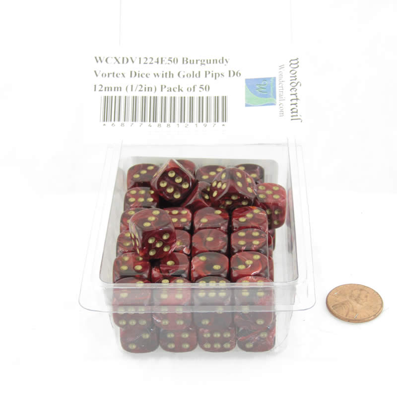 WCXDV1224E50 Burgundy Vortex Dice with Gold Pips D6 12mm (1/2in) Pack of 50 (ONLINE ORDER ONLY)