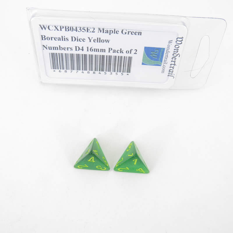 WCXPB0435E2 Maple Green Borealis Dice Yellow Numbers D4 16mm Pack of 2 (ONLINE ORDER ONLY)