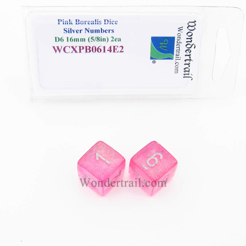 WCXPB0614E2 Pink Borealis Dice Silver Numbers D6 16mm (5/8in) Pack of 2 (ONLINE ORDER ONLY)