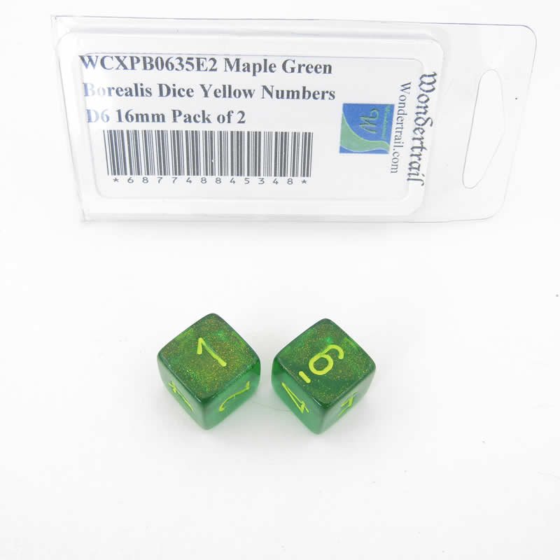 WCXPB0635E2 Maple Green Borealis Dice Yellow Numbers D6 16mm Pack of 2 (ONLINE ORDER ONLY)