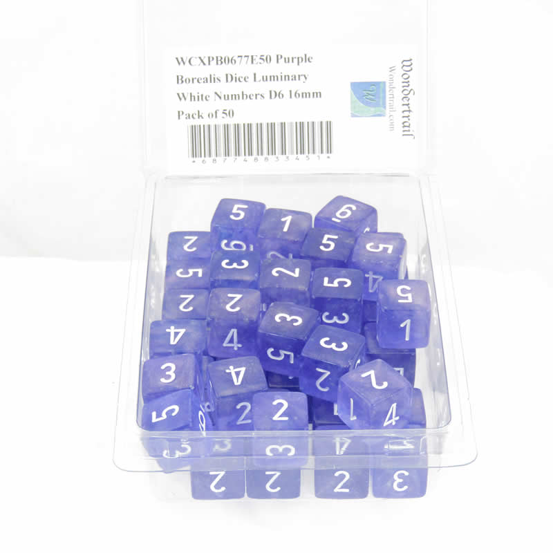 WCXPB0677E50 Purple Borealis Dice Luminary White Numbers D6 16mm Pack of 50 (ONLINE ORDER ONLY)