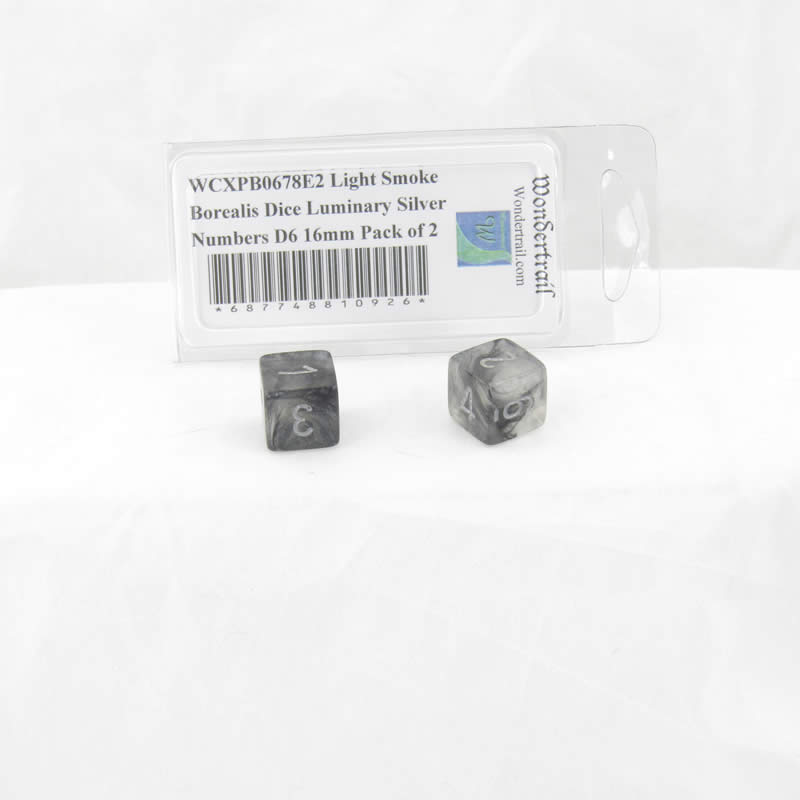 WCXPB0678E2 Light Smoke Borealis Dice Luminary Silver Numbers D6 16mm Pack of 2 (ONLINE ORDER ONLY)