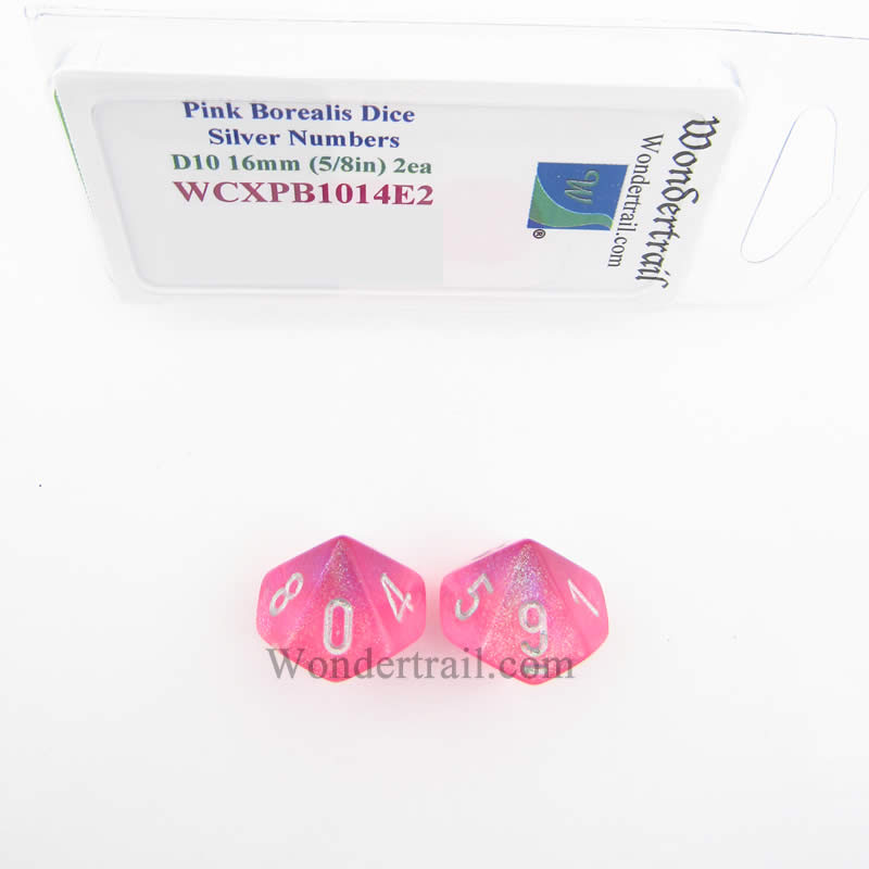 WCXPB1014E2 Pink Borealis Dice Silver Numbers D10 16mm Pack of 2 (ONLINE ORDER ONLY)