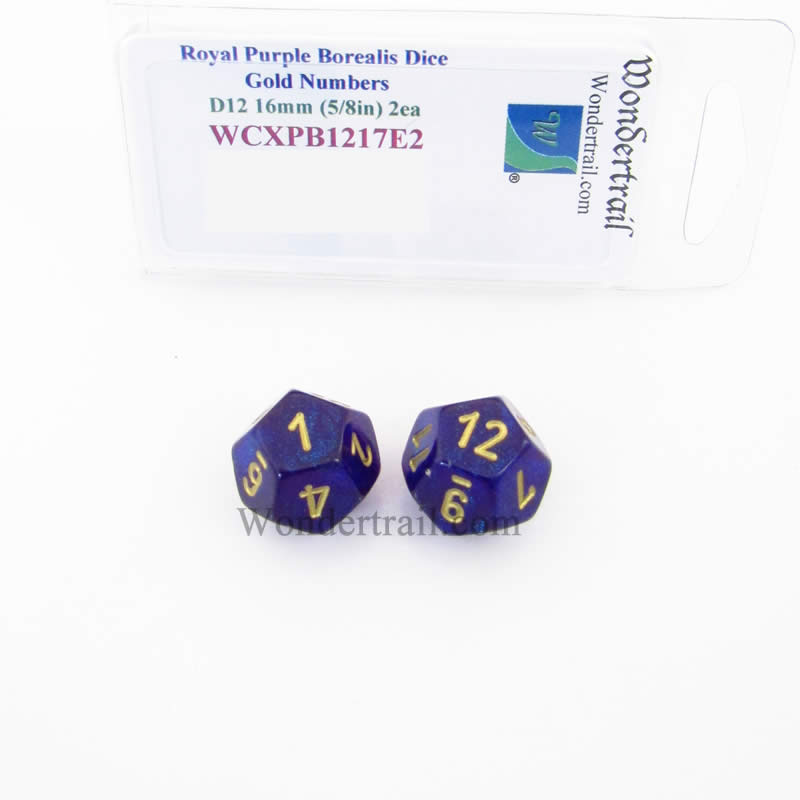 WCXPB1217E2 Royal Purple Borealis Dice Gold Numbers D12 16mm Pack of 2 (ONLINE ORDER ONLY)