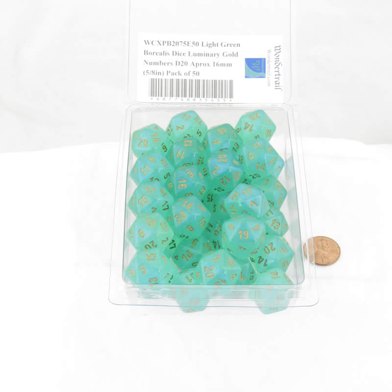 WCXPB2075E50 Light Green Borealis Dice Luminary Gold Numbers D20 Aprox 16mm (5/8in) Pack of 50 (ONLINE ORDER ONLY)